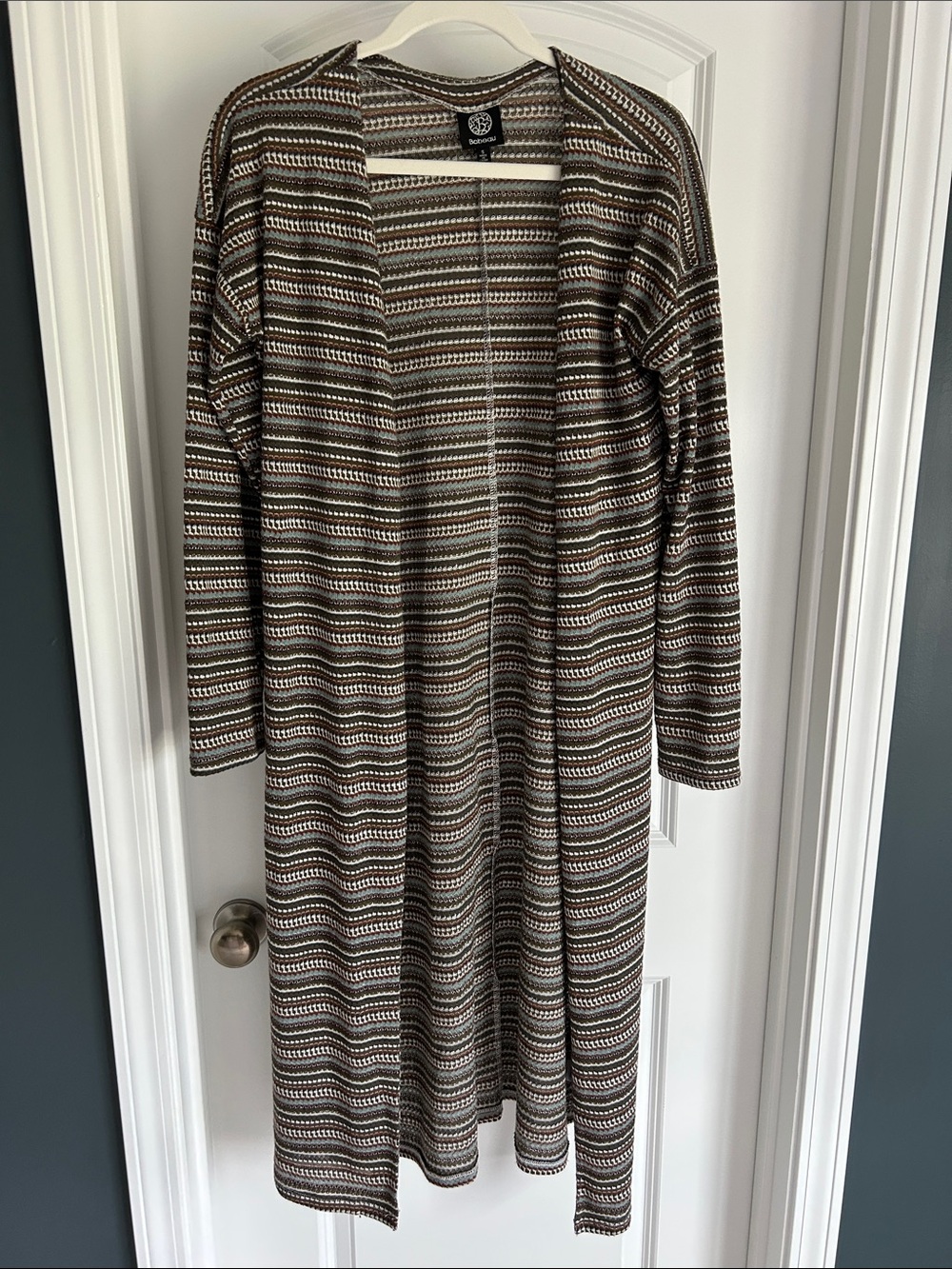 bobeau Brown and Cream Striped Open-Front Cardigan